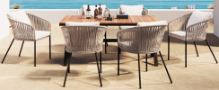 GO 7 Pieces Patio Dining Set, All-Weather Outdoor Furniture Set with Dining Table and Chairs, Acacia Wood Tabletop, Metal Frame, for for Garden, Backy