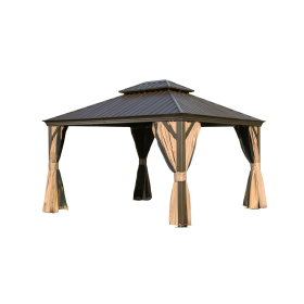 12'x14' Hardtop Gazebo, Outdoor Aluminum Frame Canopy with Galvanized Steel Double Roof, Outdoor Permanent Metal Pavilion with Curtains and Netting fo