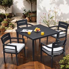 5-Piece Outdoor Patio Aluminum Furniture, Modern Dining Set, including 4 Dining Chairs Sunbrella Fabric Cushioned and 40" Square Dining Table with Umb