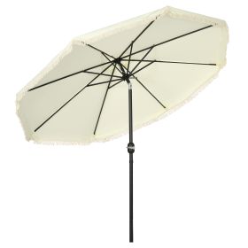 Outsunny 9ft Patio Umbrella with Push Button Tilt and Crank, Ruffled Outdoor Market Table Umbrella with Tassles and 8 Ribs, for Garden, Deck, Pool, Cr