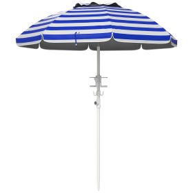 Outsunny 5.7' Portable Beach Umbrella with Tilt, Adjustable Height, 2 Cup Holders & Hooks, UV 40+ Ruffled Outdoor Umbrella with Vented Canopy, Blue Wh