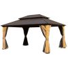 10x14FT Cedar Wood Gazebo, Solid Wood Hardtop Gazebo with Galvanized Steel Double Roof, Netting & Curtains, Outdoor Gazebo for Patio, Backyard, Deck,