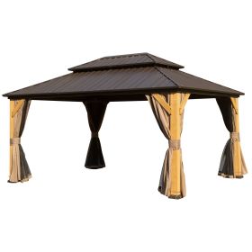 10x14FT Cedar Wood Gazebo, Solid Wood Hardtop Gazebo with Galvanized Steel Double Roof, Netting & Curtains, Outdoor Gazebo for Patio, Backyard, Deck,