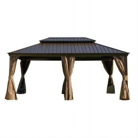12'x18' Hardtop Gazebo, Outdoor Aluminum Frame Canopy with Galvanized Steel Double Roof, Outdoor Permanent Metal Pavilion with Curtains and Netting fo
