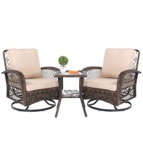 3 Pieces Patio Furniture Set, Outdoor Swivel Gliders Rocker, Wicker Patio Bistro Set with Rattan Rocking Chair, Glass Top Side Table and Thickened Cus