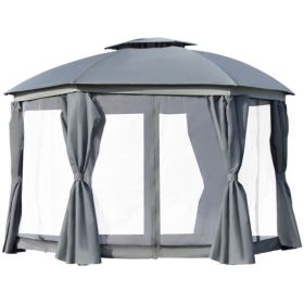 144x144 Inch Round Outdoor Gazebo, Patio Dome Gazebo Canopy Shelter with Double Roof, Netting Sidewalls and Curtains, Zippered Doors Grey AS