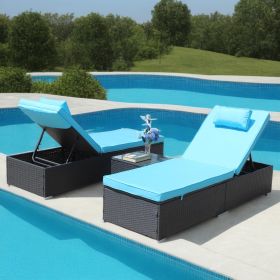 3-Piece Outdoor Patio Furniture Set Chaise Lounge, Patio Reclining Rattan Lounge Chair Chaise Couch Cushioned with Glass Coffee Table, Adjustable Back