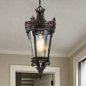 Antique Crown Outdoor Hanging Lantern, Waterproof Vintage Pendant Light with Ornate Metal Design and Clear Glass for Patio, Garden, Porch, Entryway Li