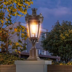 Vintage Crown Outdoor Post Lantern, Waterproof Decorative Table Lamp with Clear Glass Shade and Antique Metal Base for Garden, Patio, Porch, Pathway L