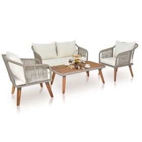 4 Piece Patio Furniture Set, Outdoor Acacia Wood Conversation Set, All-Weather Rope Sofa Set with Coffee Table, Loveseat, Modern Deep Seating Set for