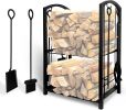 Indoor Firewood Rack with 4-Piece Fireplace Tools Set, 2-Layer Firewood Rack and Fireplace Accessories, Wood Stove Metal Firewood Stand with Fireplace