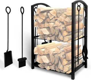 Indoor Firewood Rack with 4-Piece Fireplace Tools Set, 2-Layer Firewood Rack and Fireplace Accessories, Wood Stove Metal Firewood Stand with Fireplace