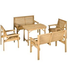5 Piece Wooden Patio Dining Set for 6, Outdoor Conversation Set with 2 Armchairs, 2 Loveseats, and Dining Table with Umbrella Hole for Backyard, Garde