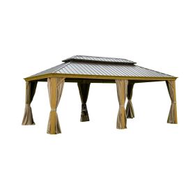 12'x20' Hardtop Gazebo Outdoor Aluminum Wood Grain Gazebos with Galvanized Steel Double Canopy for Patios Deck Backyard,Curtains&Netting (Wood-Looking