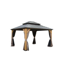 12'x14' Hardtop Gazebo, Outdoor Cedar Wood Frame Canopy with Galvanized Steel Double Roof, Outdoor Permanent Metal Pavilion with Curtains and Netting