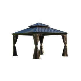 12'x12' Hardtop Gazebo, Outdoor Aluminum Frame Canopy with Galvanized Steel Double Roof, Outdoor Permanent Metal Pavilion with Curtains and Netting fo