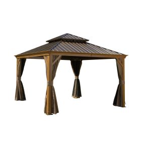 12'x12' Hardtop Gazebo, Wooden Coated Aluminum Frame Canopy with Galvanized Steel Double Roof, Outdoor Permanent Metal Pavilion with Curtains and Nett