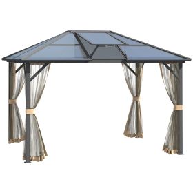10' x 12' Hardtop Gazebo Canopy with Polycarbonate Roof, Top Vent and Aluminum Frame, Permanent Pavilion Outdoor Gazebo with Netting, for Patio, Garde