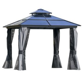 10' x 10' Hardtop Gazebo Canopy with Polycarbonate Double Roof, Aluminum Frame, Permanent Pavilion Outdoor Gazebo with Netting and Curtains for Patio,