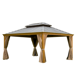 12'x16' Hardtop Gazebo Outdoor Aluminum Wood Grain Gazebos with Galvanized Steel Double Canopy for Patios Deck Backyard,Curtains&Netting (Wood-Looking