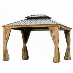 12'x14' Hardtop Gazebo, Wooden Coated Aluminum Frame Canopy with Galvanized Steel Double Roof, Outdoor Permanent Metal Pavilion with Curtains and Nett