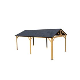 12x20ft Hardtop Gazebo, Galvanized Steel Gable Roof Gazebo Pergola with Wood Grain Aluminum Frame, Outdoor Permanent Gazebo Pavilion for Patio, Garden