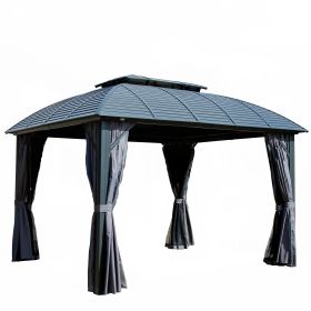 Outdoor Gazebo 10'x12', Permanent Hardtop Gazebo with Aluminum Frame for Patios Deck Backyard, Galvanized Steel Double Roof, Curtains and Netting for