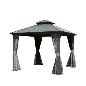 10' X 10' Hardtop Gazebo, Aluminum Metal Gazebo with Galvanized Steel Double Roof Canopy, Curtain and Netting, Permanent Gazebo Pavilion for Patio, Ba
