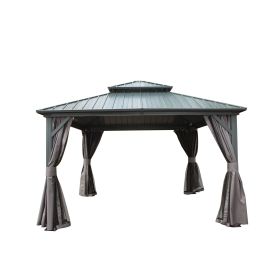 12' X 12' Hardtop Gazebo, Aluminum Metal Gazebo with Galvanized Steel Double Roof Canopy, Curtain and Netting, Permanent Gazebo Pavilion for Patio, Ba