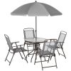 Outsunny 6 Piece Patio Dining Set for 4 with Umbrella, Outdoor Table and Chairs with 4 Folding Dining Chairs & Round Glass Table for Garden, Backyard