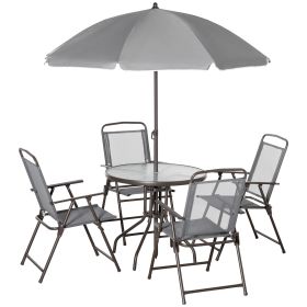 Outsunny 6 Piece Patio Dining Set for 4 with Umbrella, Outdoor Table and Chairs with 4 Folding Dining Chairs & Round Glass Table for Garden, Backyard