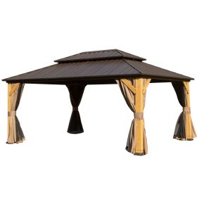 12x16FT Cedar Wood Gazebo, Solid Wood Hardtop Gazebo with Galvanized Steel Double Roof, Netting & Curtains, Outdoor Gazebo for Patio, Backyard, Deck,