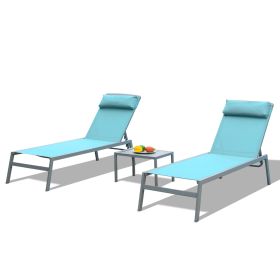 Patio Chaise Lounge Set, 3 Pieces Aluminum Adjustable Pool Lounge Chairs Textilene Sunbathing Recliner with Headrest (Lake Blue,2 Lounge Chairs +1 Tab