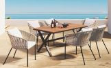 GO 7 Pieces Patio Dining Set, All-Weather Outdoor Furniture Set with Dining Table and Chairs, Acacia Wood Tabletop, Metal Frame, for for Garden, Backy