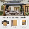 12'x14' Hardtop Gazebo, Outdoor Cedar Wood Frame Canopy with Galvanized Steel Double Roof, Outdoor Permanent Metal Pavilion with Curtains and Netting