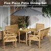 5 Piece Wooden Patio Dining Set for 6, Outdoor Conversation Set with 2 Armchairs, 2 Loveseats, and Dining Table with Umbrella Hole for Backyard, Garde
