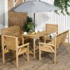5 Piece Wooden Patio Dining Set for 6, Outdoor Conversation Set with 2 Armchairs, 2 Loveseats, and Dining Table with Umbrella Hole for Backyard, Garde