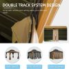 12'x12' Hardtop Gazebo, Wooden Coated Aluminum Frame Canopy with Galvanized Steel Double Roof, Outdoor Permanent Metal Pavilion with Curtains and Nett