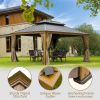 12'x14' Hardtop Gazebo, Wooden Coated Aluminum Frame Canopy with Galvanized Steel Double Roof, Outdoor Permanent Metal Pavilion with Curtains and Nett