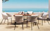 GO 7 Pieces Patio Dining Set, All-Weather Outdoor Furniture Set with Dining Table and Chairs, Acacia Wood Tabletop, Metal Frame, for for Garden, Backy