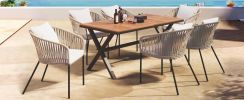GO 7 Pieces Patio Dining Set, All-Weather Outdoor Furniture Set with Dining Table and Chairs, Acacia Wood Tabletop, Metal Frame, for for Garden, Backy