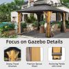 12'x12' Hardtop Gazebo, Outdoor Cedar Wood Frame Canopy with Galvanized Steel Double Roof, Outdoor Permanent Metal Pavilion with Curtains and Netting