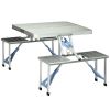 Outsunny Folding Picnic Table with Umbrella Hole, Aluminum Suitcase Portable Outdoor Table with Bench, Patio, Porch or Camping Table and Chair Set, Si