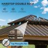 12'x12' Hardtop Gazebo, Wooden Coated Aluminum Frame Canopy with Galvanized Steel Double Roof, Outdoor Permanent Metal Pavilion with Curtains and Nett