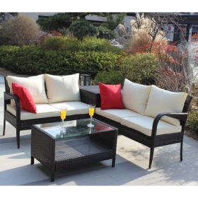 4 Piece Patio Sectional Wicker Rattan Outdoor Furniture Sofa Set with Storage Box Brown (Color: Brown)