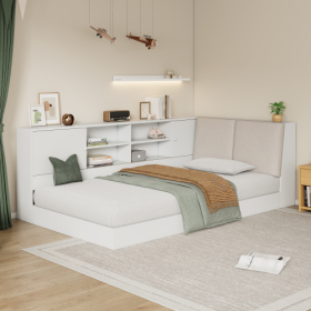 Wooden Twin Size L-shaped Daybed Floor Corner Bed With Storage Bookcase And Upholstered Headboard And USB Charging Ports For Limited Space (Color: White)