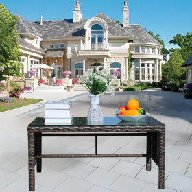 Outdoor patio Furniture 1 Coffee Table with clear tempered glass (Color: Brown)