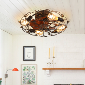 Low Profile Cage Ceiling Fan With Light Remote Control, Built-in Modern Industrial Ceiling Fan Unavailable Platforms- Temu (Option: golden)