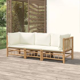 3 Piece Patio Lounge Set with Cream White Cushions Bamboo (Color: Brown)
