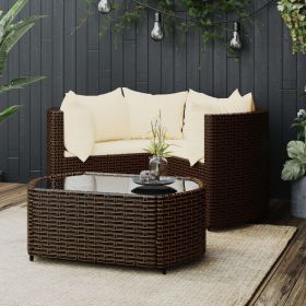 4 Piece Patio Lounge Set with Cushions Brown Poly Rattan (Color: Brown and cream)